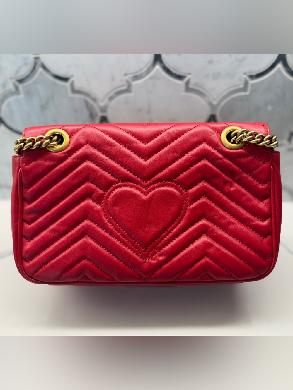 Gucci Red Quilted GG Marmont Shoulder Bag with Gold Hardware - Picture 2 of 14